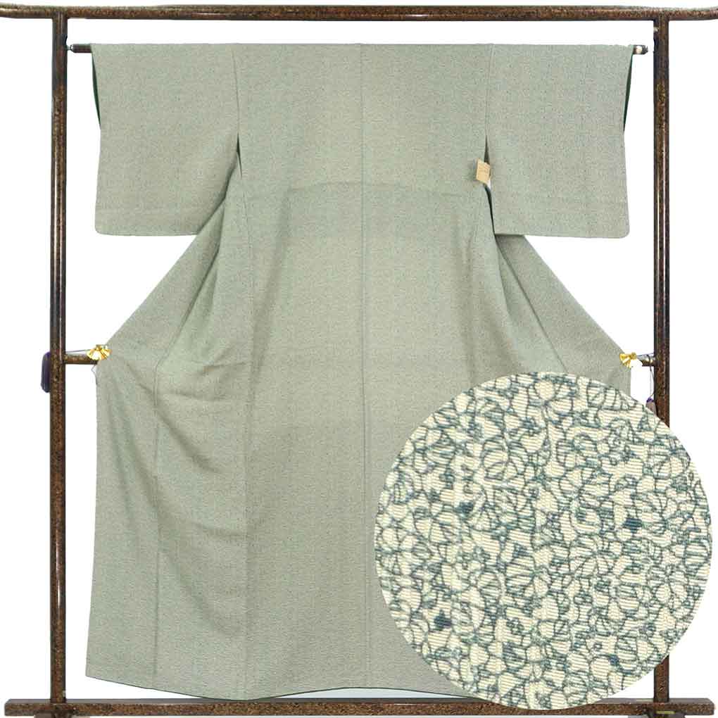 小紋 リサイクル着物 身丈157cm 裄63cm 前幅23cm 後幅29.5cm 袖丈47cm 袖幅32cm レディース 袷 花柄 裄Mサイズ 秋冬春用 正絹（シルク）グリーン 美品 リメイク リユース【ランクA】