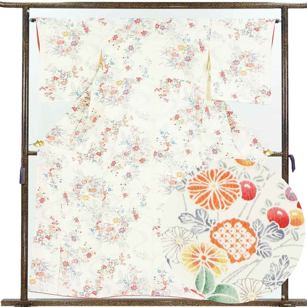 小紋 リサイクル着物 身丈158cm 裄64cm 前幅23cm 後幅28cm 袖丈48cm 袖幅33cm レディース 袷 花柄 裄Mサイズ 秋冬春用 正絹（シルク）ホワイト 美品 リメイク リユース【ランクA】