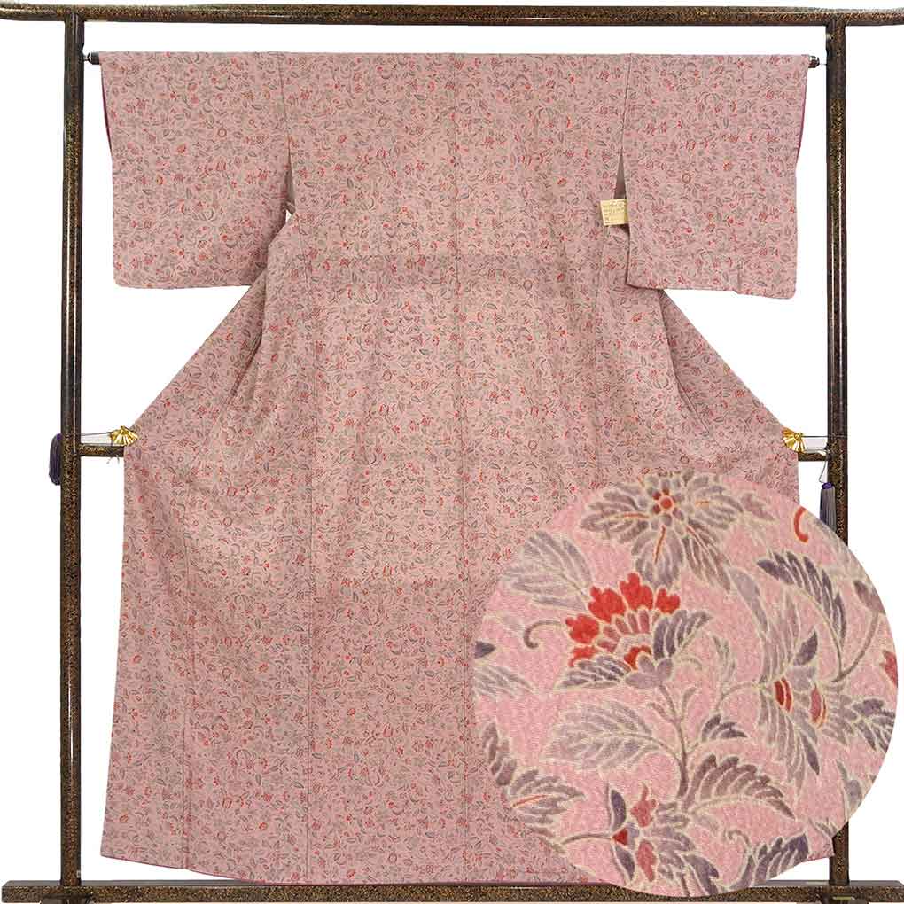 小紋 リサイクル着物 身丈159cm 裄65cm 前幅24cm 後幅30cm 袖丈47cm 袖幅32.5cm レディース 袷 花柄 裄Mサイズ 秋冬春用 正絹（シルク）ピンク 美品 リメイク リユース【ランクA】