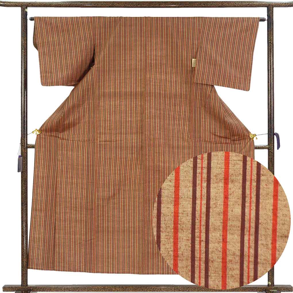 紬 リサイクル着物 身丈155cm 裄64cm 前幅23cm 後幅29cm 袖丈45cm 袖幅32cm レディース 単衣 縦縞 裄Mサイズ 初夏・初秋用 正絹（シルク）ブラウン 美品 リメイク リユース【ランクA】