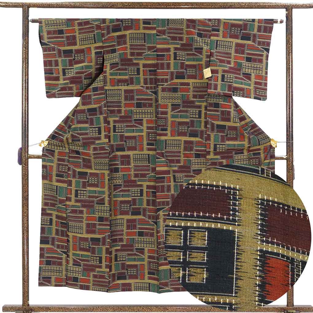 紬 リサイクル着物 身丈155cm 裄62cm 前幅24cm 後幅29cm 袖丈47cm 袖幅32cm レディース 単衣 連続模様 裄Sサイズ 初夏・初秋用 正絹（シルク）ブラウン 美品 リメイク リユース【ランクA】