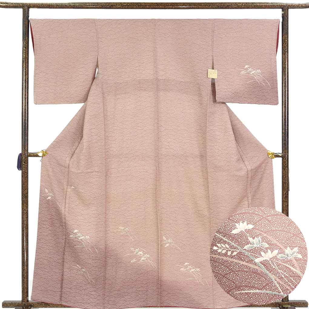 付下 リサイクル着物 身丈161cm 裄66cm 前幅25cm 後幅31cm 袖丈48cm 袖幅33cm レディース 袷 露芝 裄長 裄M-Lサイズ 秋冬春用 正絹（シルク）ブラウン 美品 リメイク リユース【ランクA】