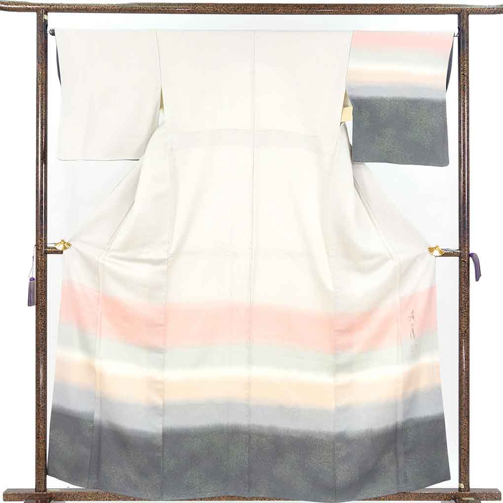 付下 リサイクル着物 身丈161cm 裄66cm 前幅25cm 後幅29cm 袖丈47cm 袖幅33cm レディース 袷 横段柄 裄長 裄M-Lサイズ 秋冬春用 正絹（シルク）グレー 美品 岩浅公展 リメイク リユース【ランクA】