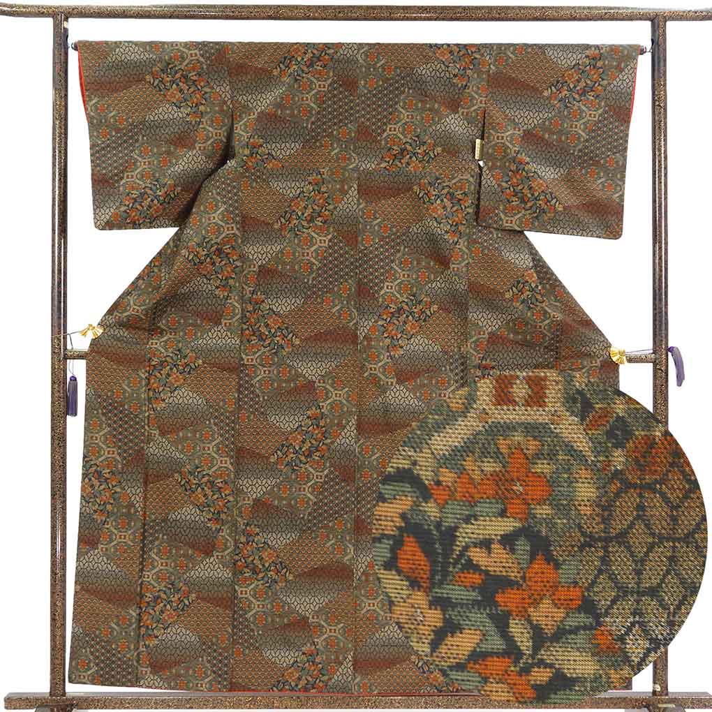 紬 リサイクル着物 身丈160cm 裄65cm 前幅23cm 後幅28.5cm 袖丈49cm 袖幅33cm レディース 袷 花柄 裄Mサイズ 秋冬春用 正絹（シルク）ブラウン 美品 リメイク リユース【ランクA】