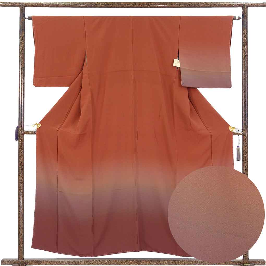 付下 リサイクル着物 身丈155cm 裄64cm 前幅24cm 後幅29cm 袖丈47cm 袖幅32cm レディース 袷 裾ぼかし 裄Mサイズ 秋冬春用 正絹（シルク）ブラウン 未使用品 リメイク リユース【ランクS】