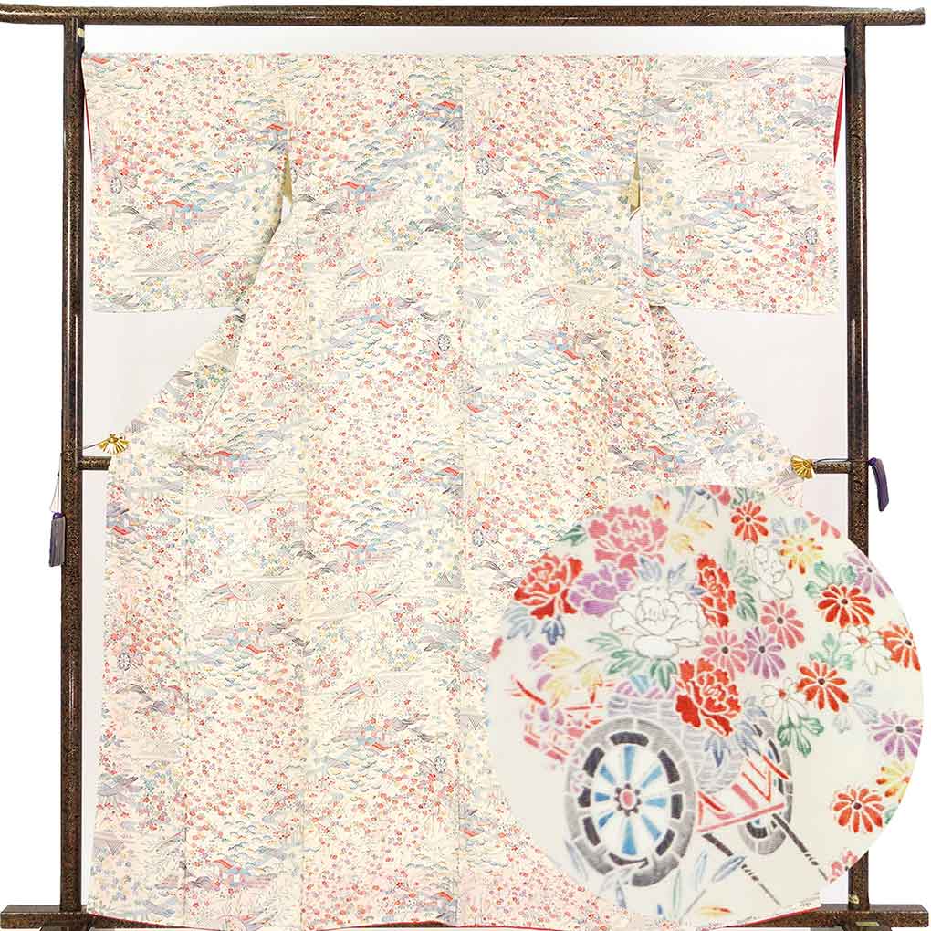 小紋 リサイクル着物 身丈162cm 裄68cm 前幅22.5cm 後幅28cm 袖丈48cm 袖幅35cm レディース 袷 四季の花柄 裄長 裄Lサイズ 秋冬春用 正絹（シルク）ホワイト 未使用品 リメイク リユース【ランクS】