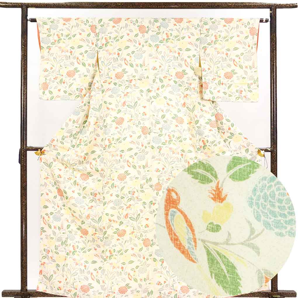 小紋 リサイクル着物 身丈163cm 裄63cm 前幅23cm 後幅28cm 袖丈49cm 袖幅32cm レディース 袷 花柄 裄Mサイズ 秋冬春用 正絹（シルク）イエロー 未使用品 リメイク リユース【ランクS】