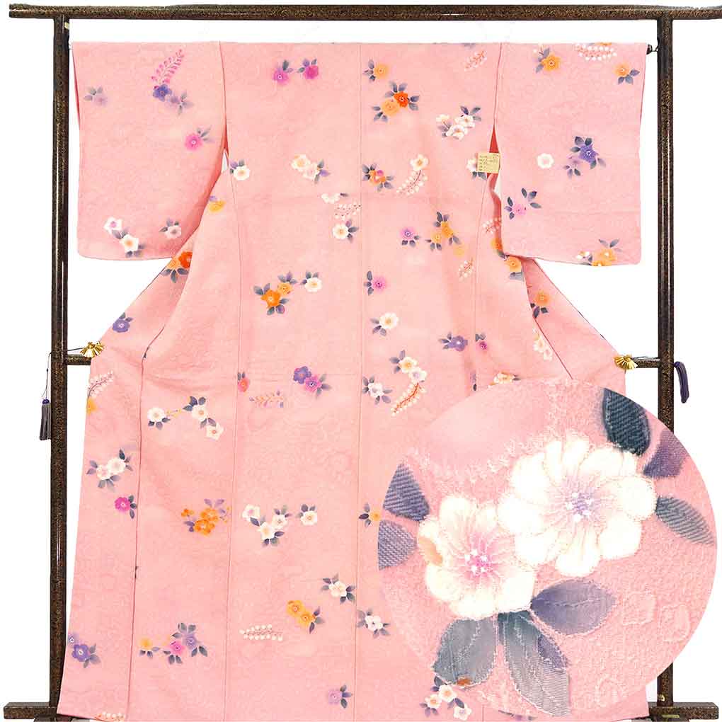 小紋 リサイクル着物 身丈166cm 裄67cm 前幅23cm 後幅30cm 袖丈53cm 袖幅34cm レディース 袷 花柄 裄長 裄Lサイズ 秋冬春用 正絹（シルク）ピンク トールサイズ 未使用品 リメイク リユース【ランクS】