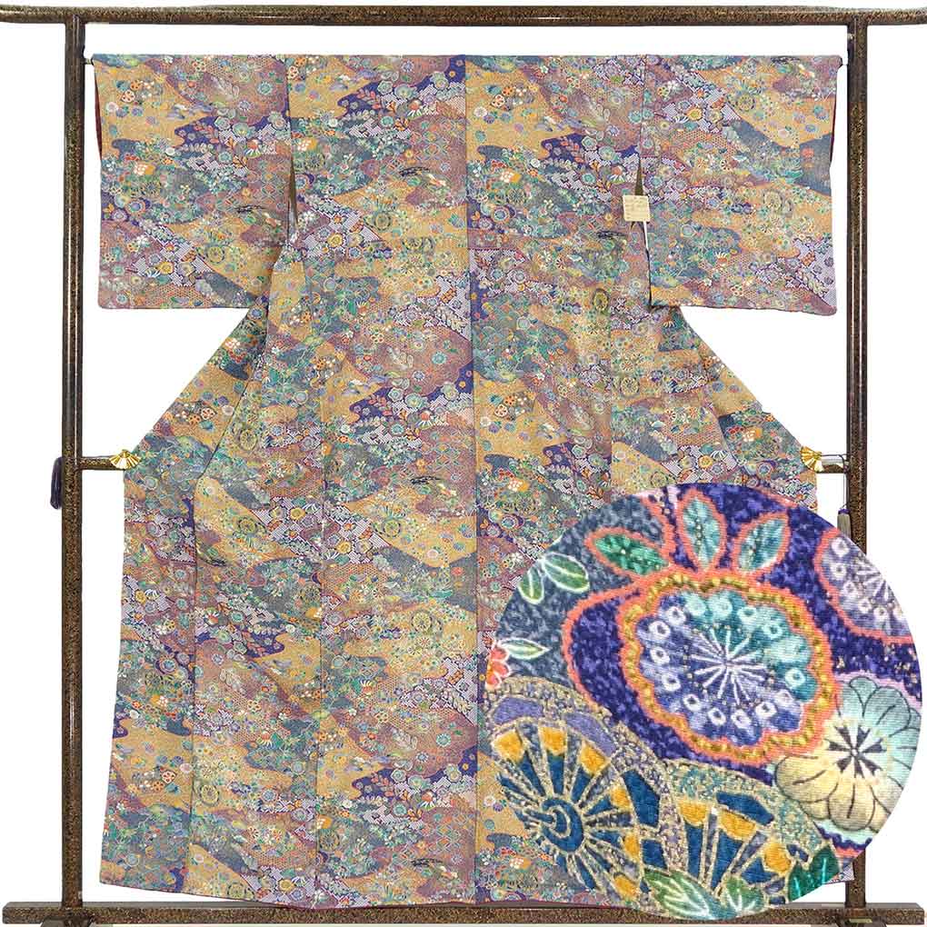 小紋 リサイクル着物 身丈160cm 裄66cm 前幅24cm 後幅29.5cm 袖丈48cm 袖幅34cm レディース 袷 花柄 裄長 裄M-Lサイズ 秋冬春用 正絹（シルク）ブルー 美品 リメイク リユース【ランクA】