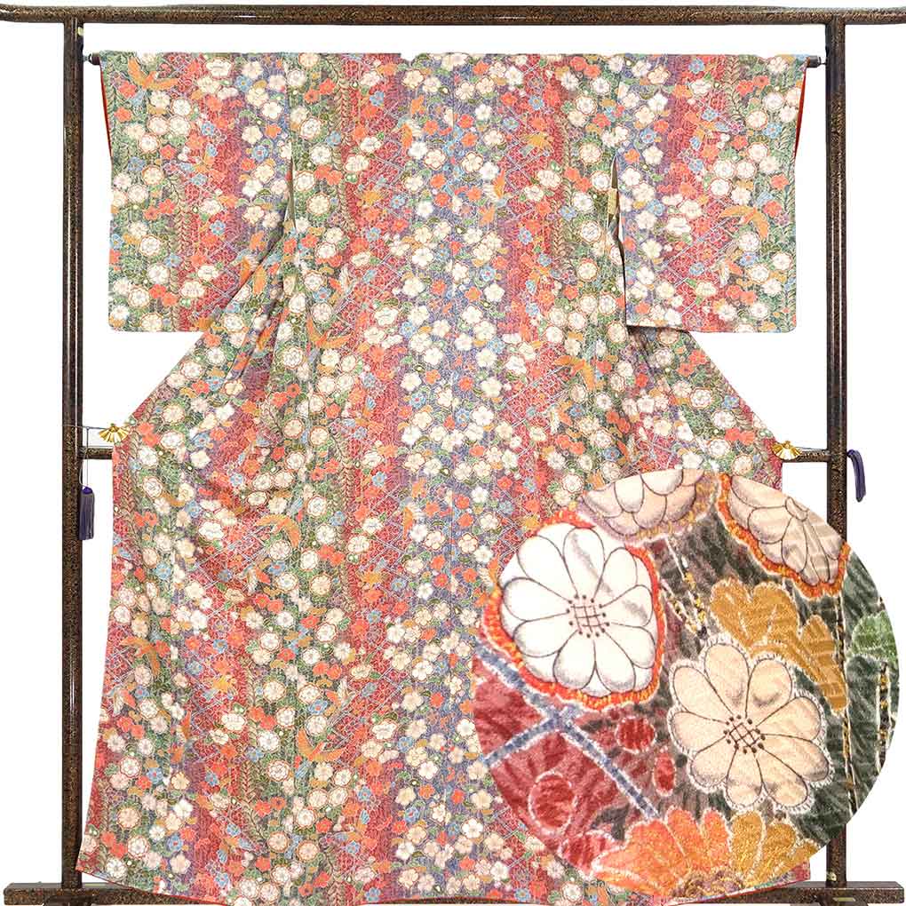 小紋 リサイクル着物 身丈160cm 裄64cm 前幅24cm 後幅29cm 袖丈53cm 袖幅33cm レディース 袷 花柄 裄Mサイズ 秋冬春用 正絹（シルク）ピンク 未使用品 リメイク リユース【ランクS】