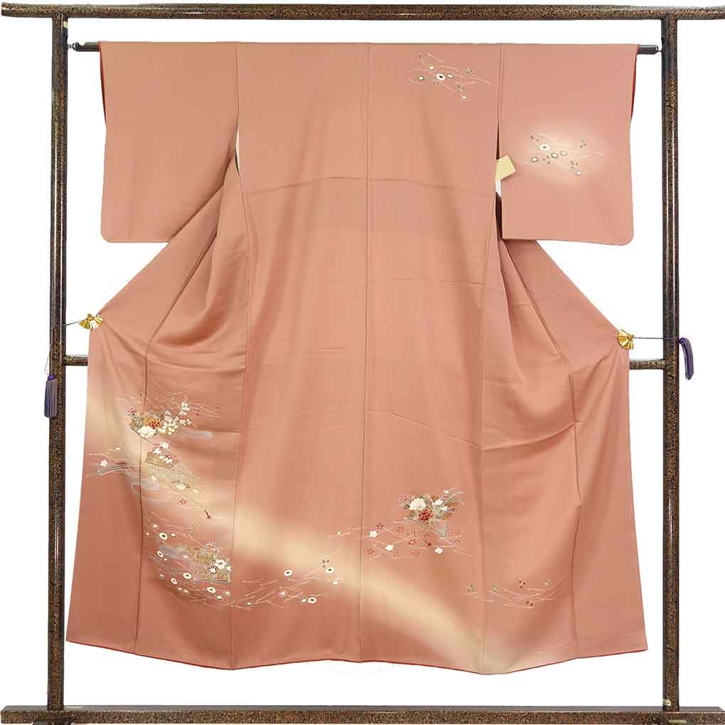 訪問着 リサイクル着物 身丈150cm 裄61.5cm 前幅23cm 後幅30cm 袖丈48cm 袖幅30.5cm レディース 袷 扇面 裄Sサイズ 秋冬春用 正絹（シルク）ブラウン やや難 リメイク リユース【ランクB】