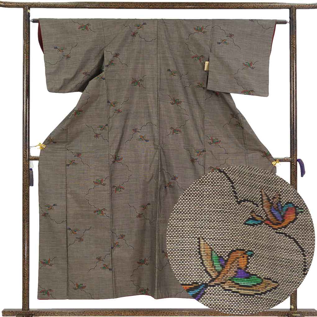 紬 リサイクル着物 身丈156cm 裄62cm 前幅24.5cm 後幅28.5cm 袖丈45cm 袖幅32cm レディース 袷 すずめ 裄Sサイズ 秋冬春用 正絹（シルク）ブラウン 美品 大島紬 リメイク リユース【ランクA】