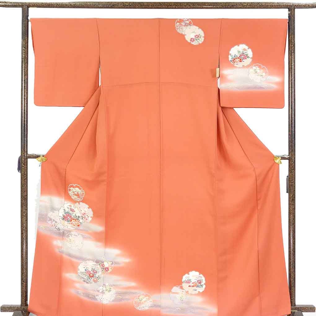 訪問着 リサイクル着物 身丈168cm 裄67cm 前幅24cm 後幅31cm 袖丈49cm 袖幅34cm レディース 袷 雪輪 裄長 裄Lサイズ 秋冬春用 正絹（シルク）オレンジ トールサイズ 美品 リメイク リユース【ランクA】