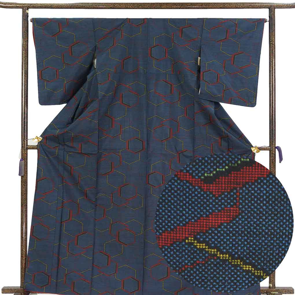 紬 リサイクル着物 身丈165cm 裄66cm 前幅22.5cm 後幅29cm 袖丈52.5cm 袖幅34cm レディース 袷 亀甲 裄長 裄M-Lサイズ 秋冬春用 正絹（シルク）ネイビー トールサイズ 未使用品 リメイク リユース【ランクS】