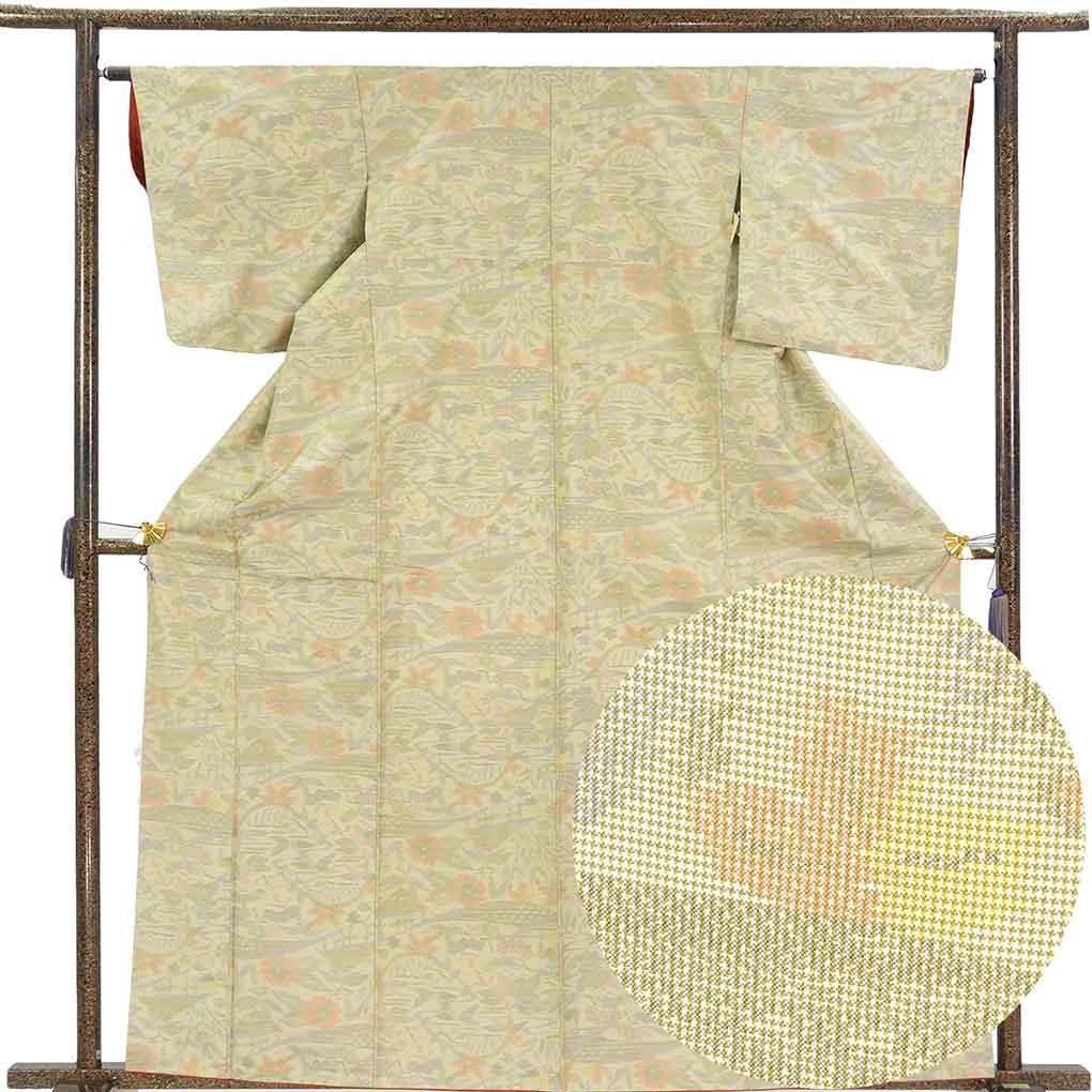 紬 リサイクル着物 身丈164cm 裄64cm 前幅22.5cm 後幅28cm 袖丈49cm 袖幅34cm レディース 袷 植物 裄Mサイズ 秋冬春用 正絹（シルク）ベージュ トールサイズ 美品 リメイク リユース【ランクA】