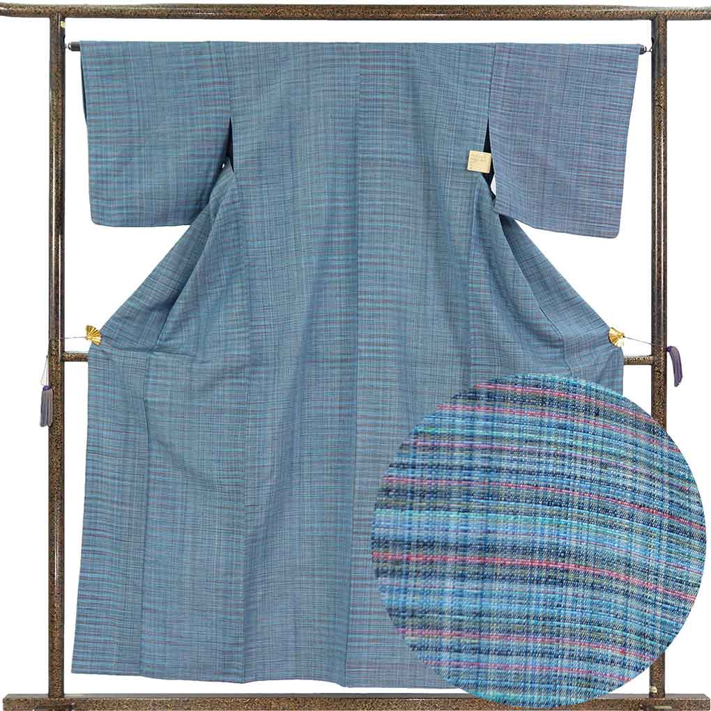 紬 リサイクル着物 身丈157cm 裄65cm 前幅24.5cm 後幅30cm 袖丈47cm 袖幅33cm レディース 単衣 無地 裄Mサイズ 初夏・初秋用 正絹（シルク）ブルー 美品 リメイク リユース【ランクA】
