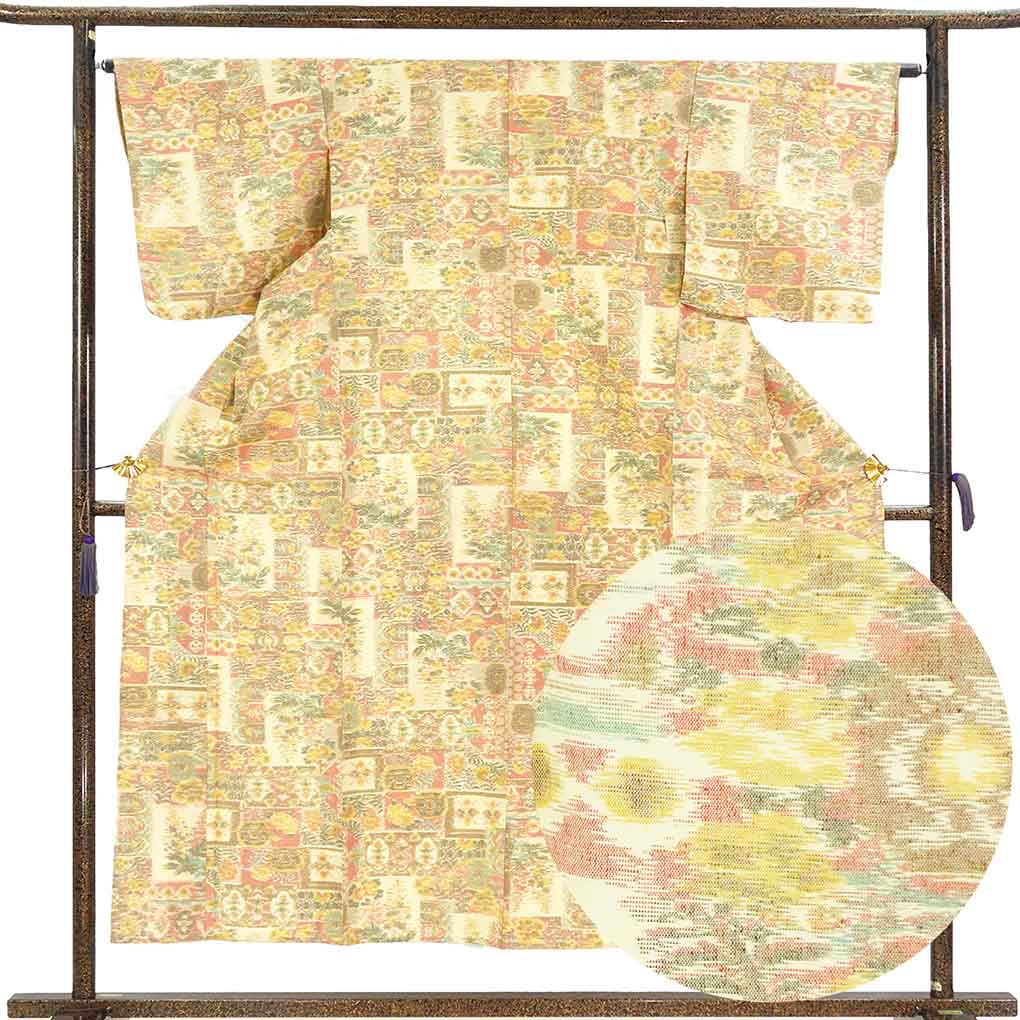 紬 リサイクル着物 身丈153cm 裄64cm 前幅24cm 後幅30cm 袖丈48.5cm 袖幅33cm レディース 単衣 連続模様 裄Mサイズ 初夏・初秋用 正絹（シルク）イエロー 美品 リメイク リユース【ランクA】