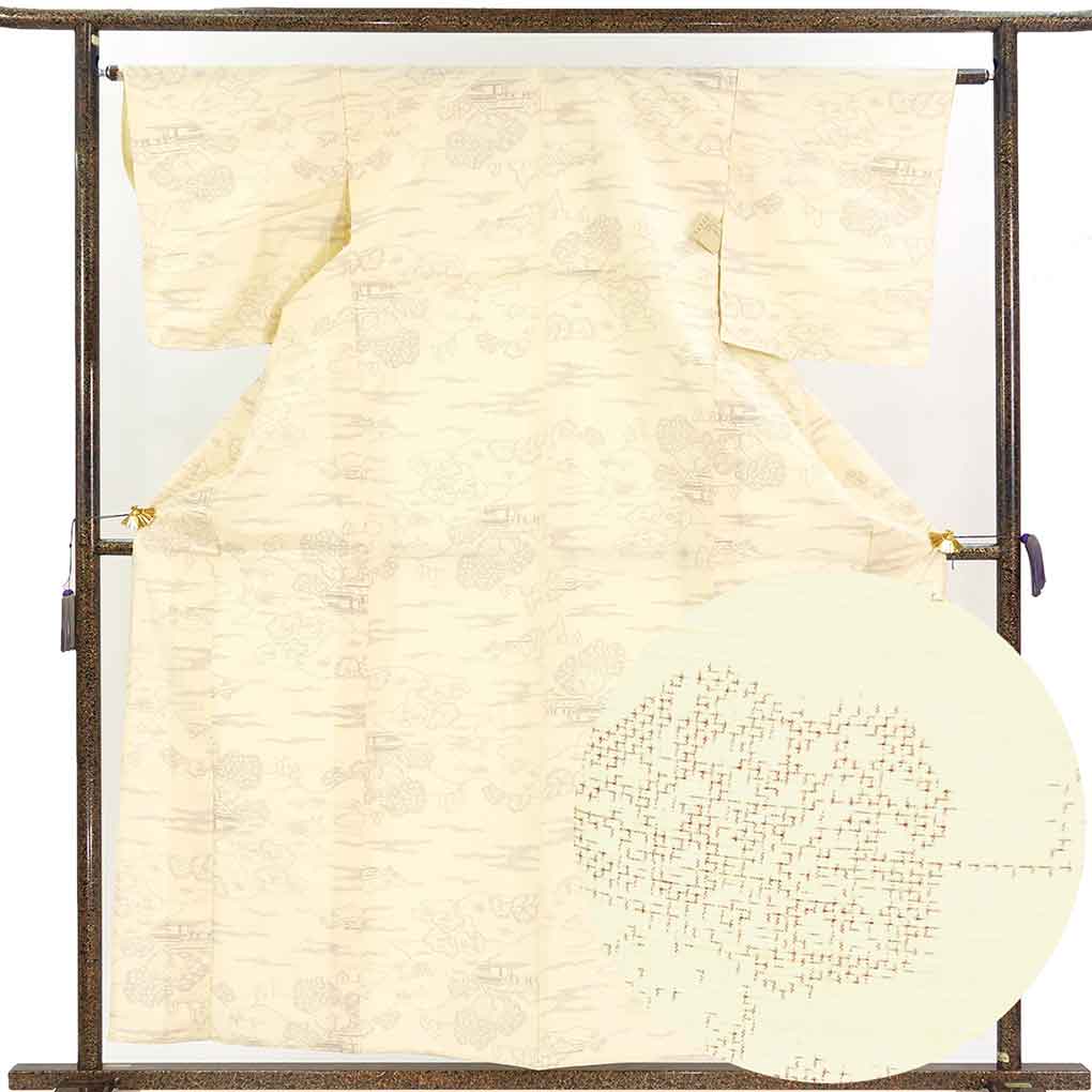 紬 リサイクル着物 身丈159cm 裄63cm 前幅24cm 後幅31cm 袖丈49cm 袖幅32.5cm レディース 単衣 絣模様 裄Mサイズ 初夏・初秋用 正絹（シルク）ホワイト 美品 リメイク リユース【ランクA】