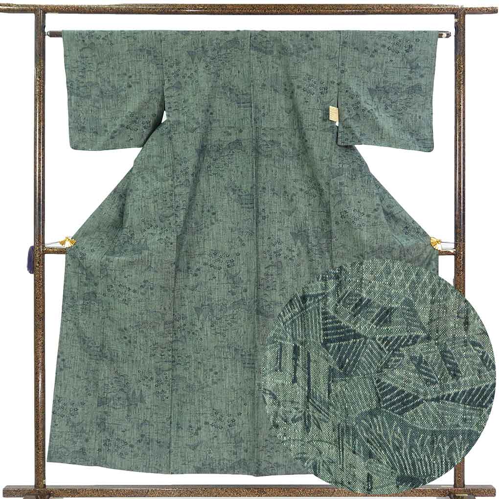 紬 リサイクル着物 身丈155cm 裄63cm 前幅25cm 後幅30.5cm 袖丈43cm 袖幅33cm レディース 単衣 風景画 裄Mサイズ 初夏・初秋用 正絹（シルク）グリーン 未使用品 リメイク リユース【ランクS】