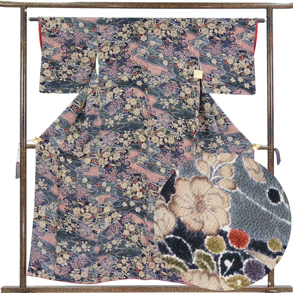 小紋 リサイクル着物 身丈156cm 裄62cm 前幅25.5cm 後幅30cm 袖丈45cm 袖幅31cm レディース 袷 花柄 裄Sサイズ 秋冬春用 正絹（シルク）ネイビー 美品 リメイク リユース【ランクA】