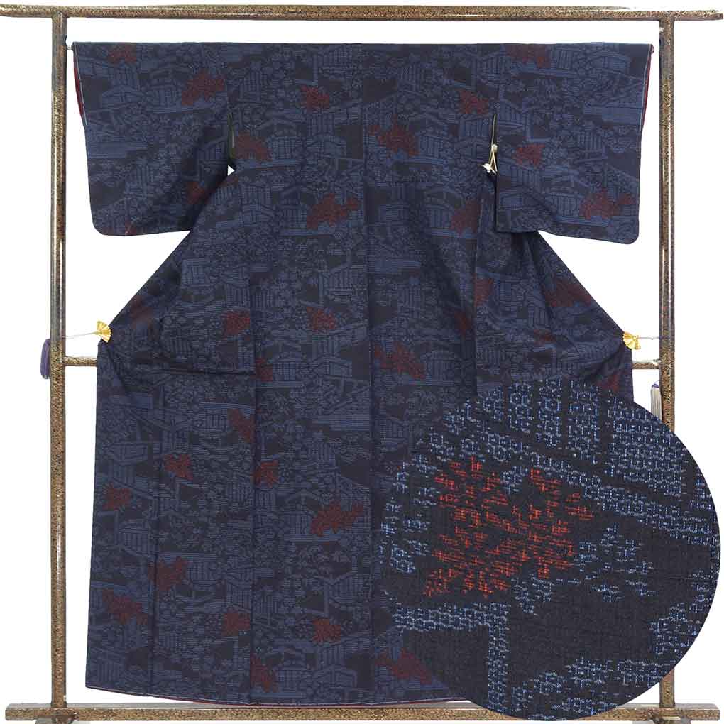 紬 リサイクル着物 身丈160cm 裄67cm 前幅24cm 後幅29cm 袖丈49cm 袖幅34cm レディース 袷 花柄 裄長 裄Lサイズ 秋冬春用 正絹（シルク）ネイビー 未使用品 結城紬 リメイク リユース【ランクS】