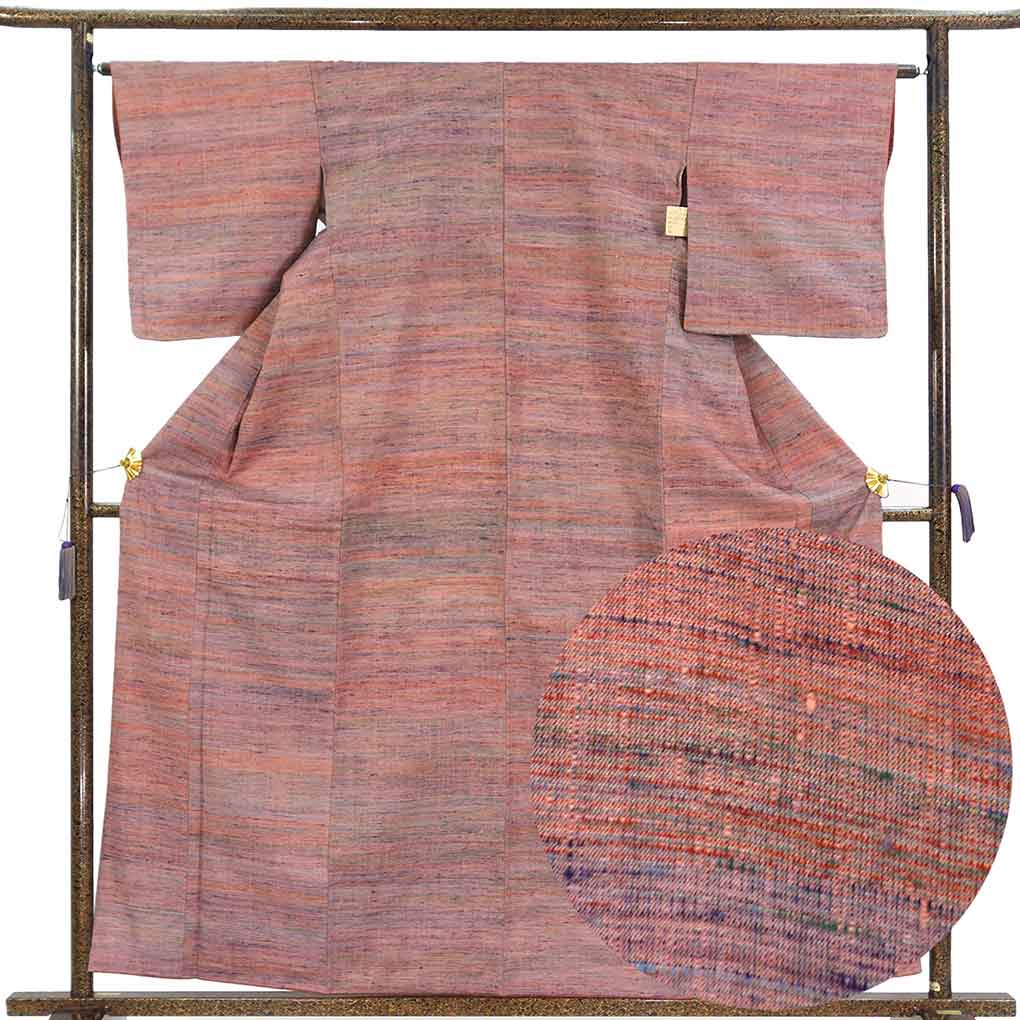 紬 リサイクル着物 身丈160cm 裄64cm 前幅24.5cm 後幅29.5cm 袖丈49cm 袖幅32cm レディース 袷 横段柄 裄Mサイズ 秋冬春用 正絹（シルク）ピンク 美品 リメイク リユース【ランクA】