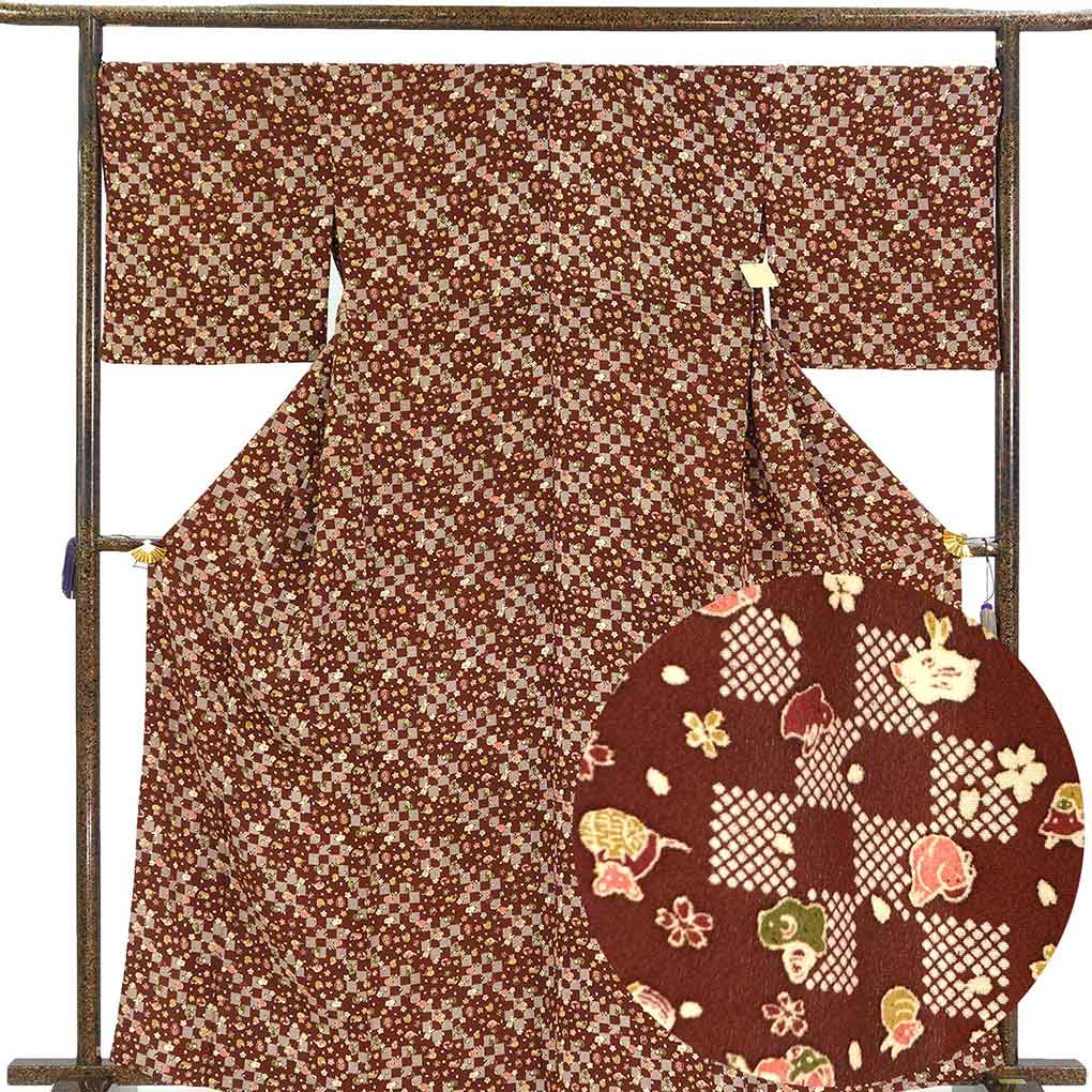 小紋 リサイクル着物 身丈165cm 裄70cm 前幅25cm 後幅32cm 袖丈48cm 袖幅35cm レディース 単衣 干支 裄長 裄L-LLサイズ 初夏・初秋用 正絹（シルク）ブラウン トールサイズ 美品 リメイク リユース【ランクA】