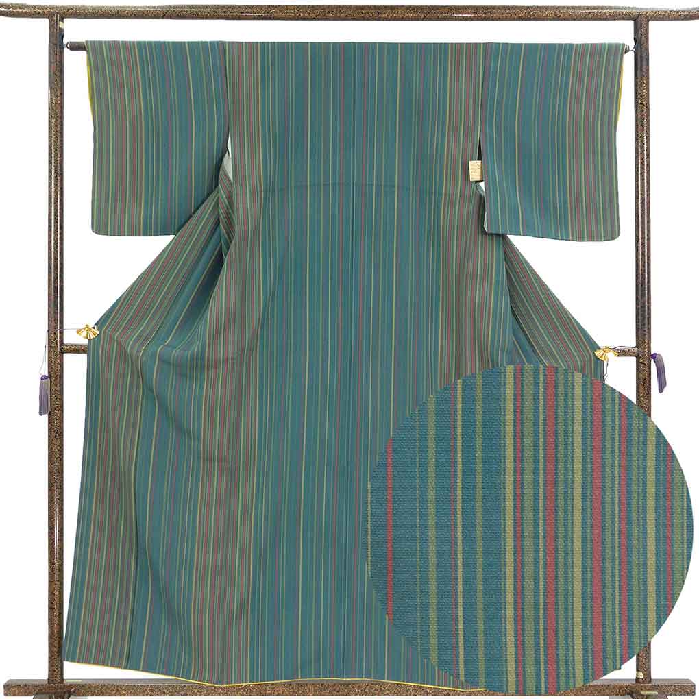小紋 リサイクル着物 身丈158cm 裄64cm 前幅23cm 後幅29.5cm 袖丈49cm 袖幅32cm レディース 袷 縦縞 裄Mサイズ 秋冬春用 正絹（シルク）グリーン 美品 リメイク リユース【ランクA】