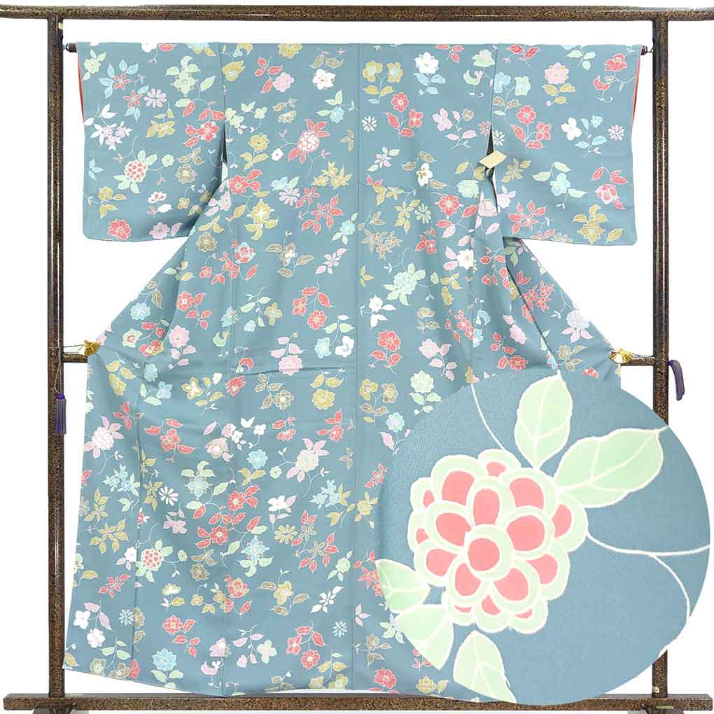小紋 リサイクル着物 身丈158cm 裄65cm 前幅22.5cm 後幅30cm 袖丈49cm 袖幅32.5cm レディース 袷 花柄 裄Mサイズ 秋冬春用 正絹（シルク）グレー 未使用品 リメイク リユース【ランクS】