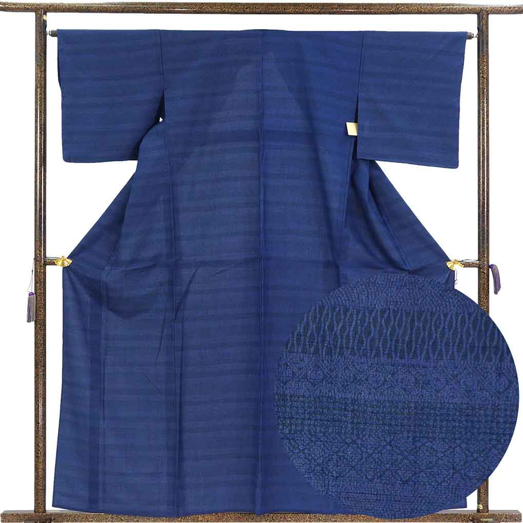 小紋 リサイクル着物 身丈159cm 裄65cm 前幅25cm 後幅31cm 袖丈45cm 袖幅32cm レディース 単衣 横段柄 裄Mサイズ 初夏・初秋用 正絹（シルク）ネイビー 美品 リメイク リユース【ランクA】