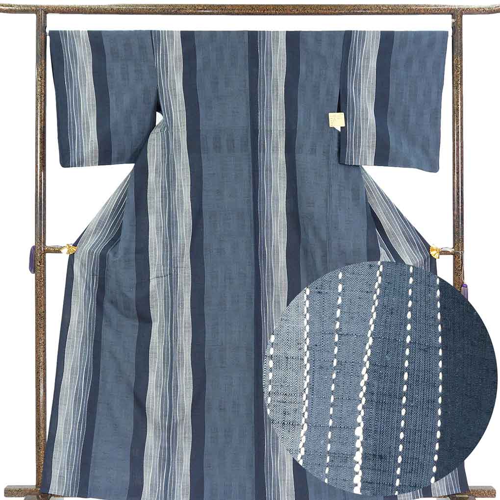 紬 リサイクル着物 身丈164cm 裄67cm 前幅26cm 後幅31cm 袖丈49cm 袖幅34cm レディース 単衣 刺し子 裄長 裄Lサイズ 初夏・初秋用 正絹（シルク）ネイビー トールサイズ 美品 リメイク リユース【ランクA】
