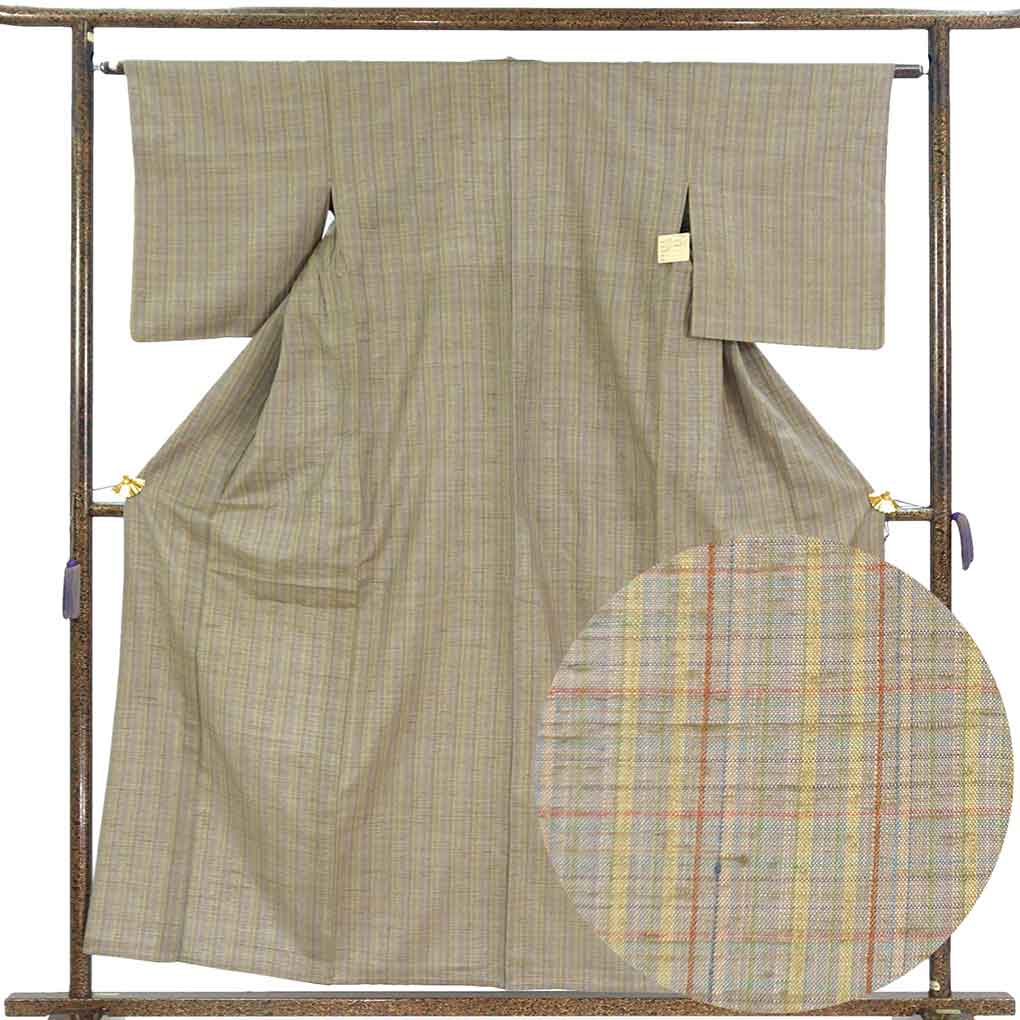 紬 リサイクル着物 身丈157cm 裄63cm 前幅26cm 後幅29.5cm 袖丈48cm 袖幅32cm レディース 単衣 縦縞 裄Mサイズ 初夏・初秋用 正絹（シルク）ブラウン 美品 リメイク リユース【ランクA】