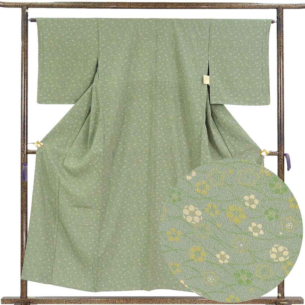 小紋 リサイクル着物 身丈155cm 裄65cm 前幅26.5cm 後幅32.5cm 袖丈49cm 袖幅33.5cm レディース 単衣 花柄 裄Mサイズ 初夏・初秋用 正絹（シルク）グリーン 未使用品 リメイク リユース【ランクS】