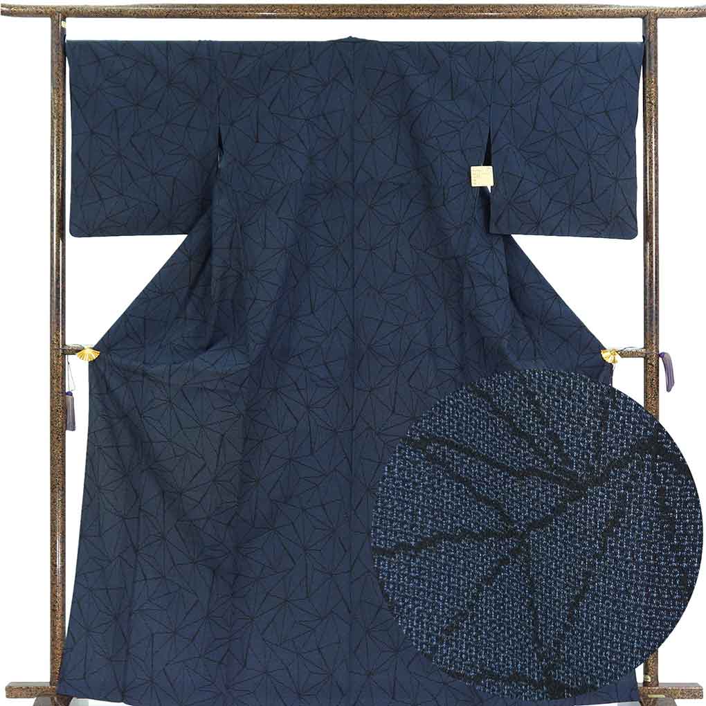 紬 リサイクル着物 身丈166cm 裄69cm 前幅25cm 後幅30cm 袖丈48cm 袖幅35cm レディース 単衣 麻の葉 裄長 裄L-LLサイズ 初夏・初秋用 正絹（シルク）ネイビー トールサイズ 美品 リメイク リユース【ランクA】