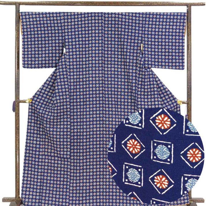 小紋 リサイクル着物 身丈167cm 裄68cm 前幅24.5cm 後幅30cm 袖丈49cm 袖幅34cm レディース 袷 連続模様 裄長 裄Lサイズ 秋冬春用 正絹（シルク）ネイビー トールサイズ 未使用品 リメイク リユース【ランクS】