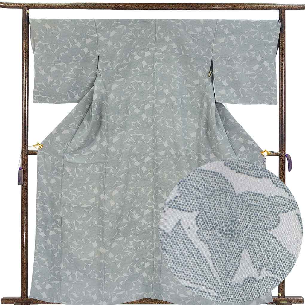小紋 リサイクル着物 身丈164cm 裄69cm 前幅25cm 後幅31cm 袖丈48cm 袖幅35cm レディース 単衣 花柄 裄長 裄L-LLサイズ 初夏・初秋用 正絹（シルク）グレー トールサイズ やや難 リメイク リユース【ランクB】