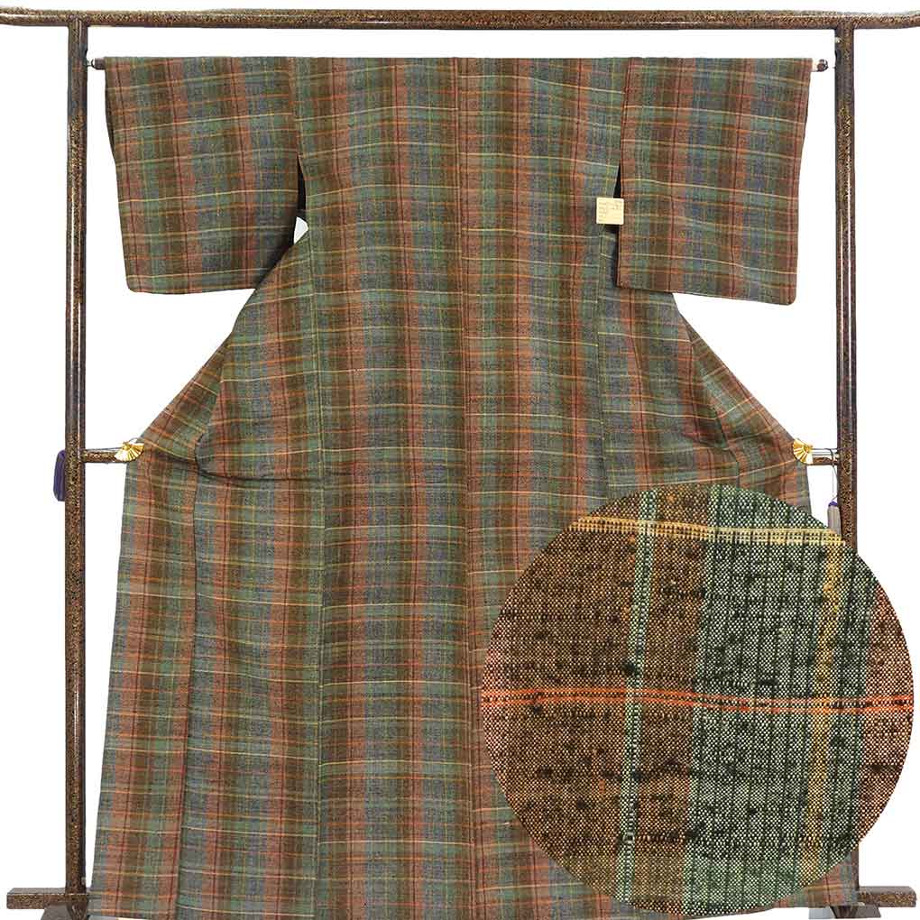 紬 リサイクル着物 身丈167cm 裄65cm 前幅25cm 後幅30cm 袖丈48cm 袖幅33cm レディース 単衣 格子 裄Mサイズ 初夏・初秋用 正絹（シルク）ブラウン トールサイズ 美品 リメイク リユース【ランクA】