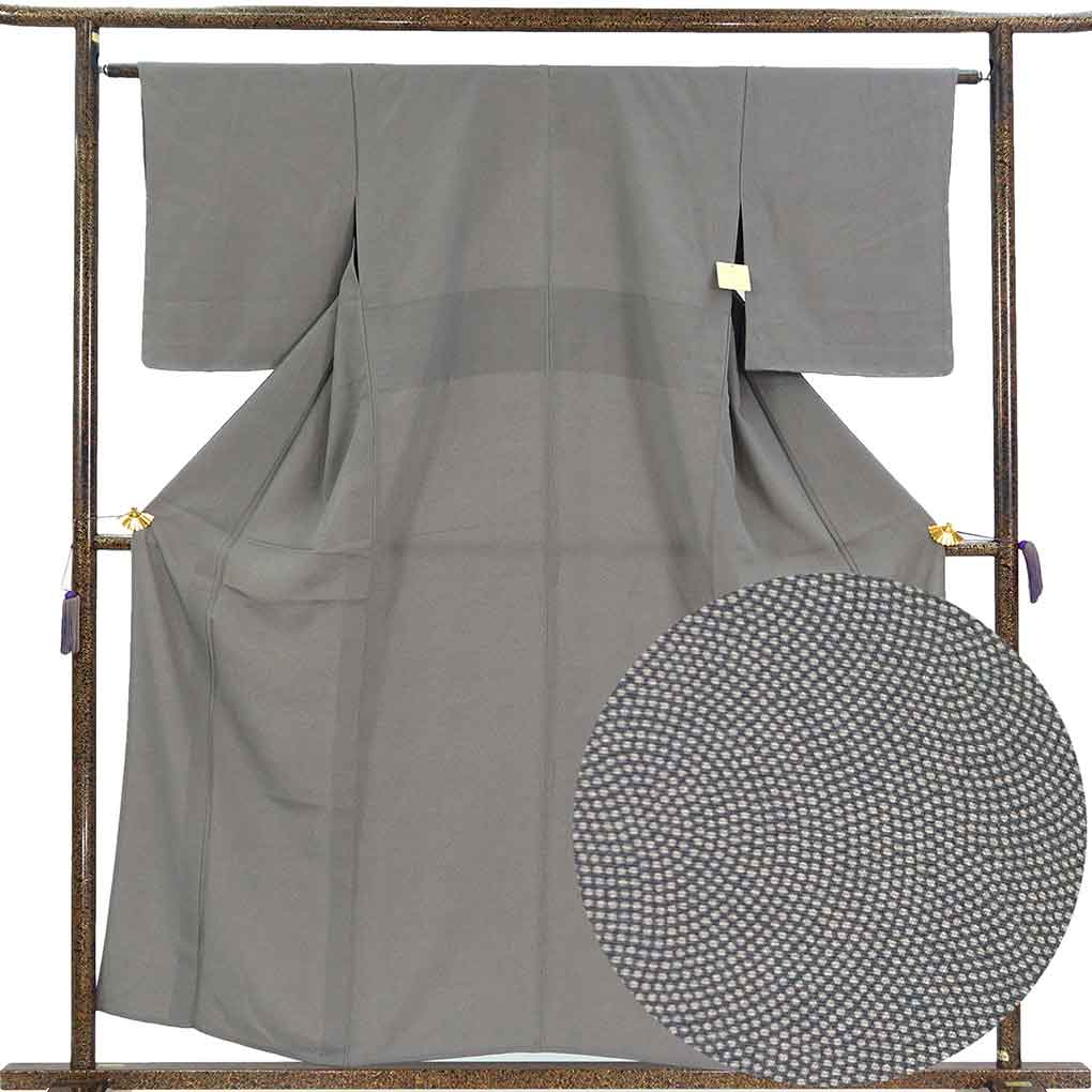 小紋 リサイクル着物 身丈158cm 裄63cm 前幅24.5cm 後幅30cm 袖丈49cm 袖幅32cm レディース 単衣 鮫小紋 裄Mサイズ 初夏・初秋用 正絹（シルク）ブラック 未使用品 リメイク リユース【ランクS】