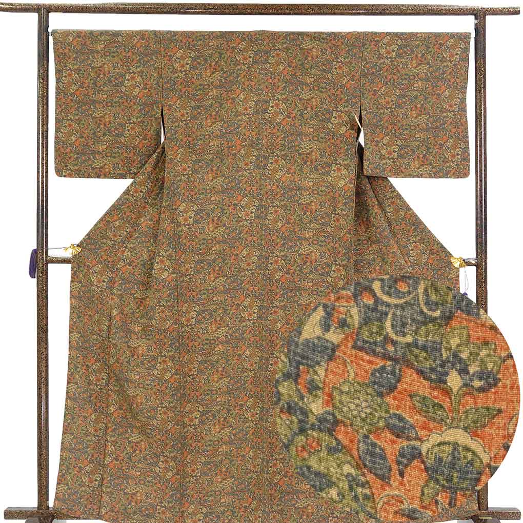 小紋 リサイクル着物 身丈163cm 裄68cm 前幅26.5cm 後幅31cm 袖丈49cm 袖幅34cm レディース 単衣 更紗 裄長 裄Lサイズ 初夏・初秋用 正絹（シルク）ブラウン 美品 リメイク リユース【ランクA】