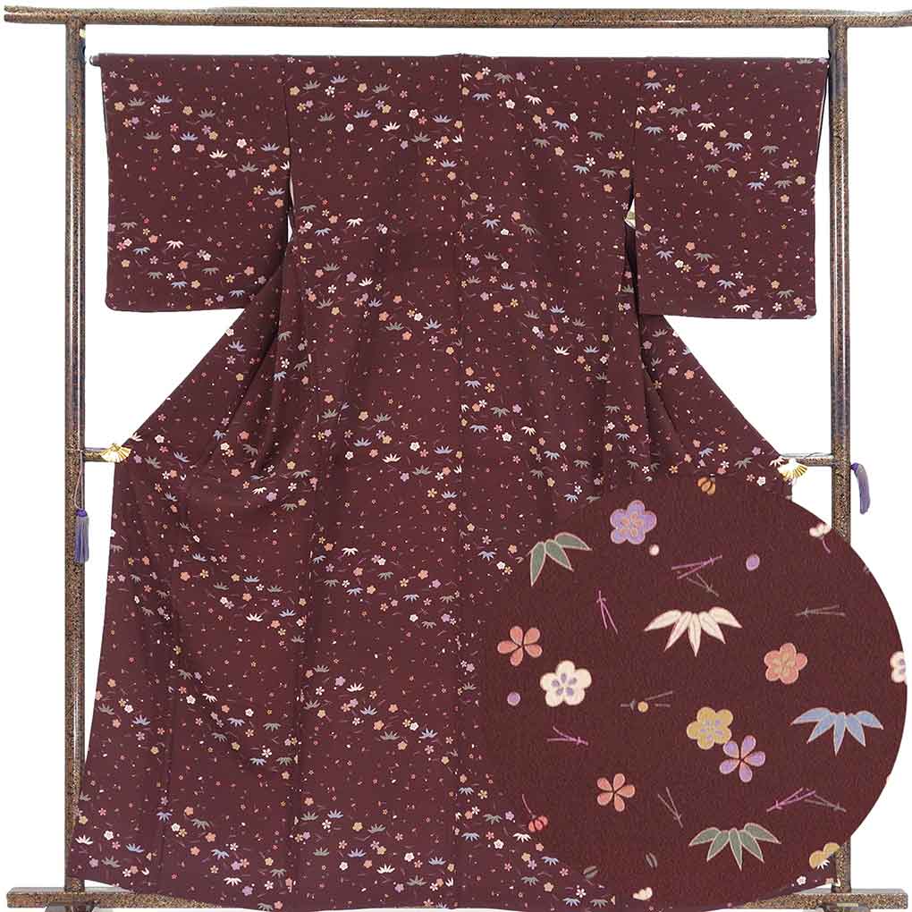 小紋 リサイクル着物 身丈163cm 裄66cm 前幅27cm 後幅31cm 袖丈49cm 袖幅33cm レディース 単衣 松竹梅 裄長 裄M-Lサイズ 初夏・初秋用 正絹（シルク）パープル 未使用品 リメイク リユース【ランクS】