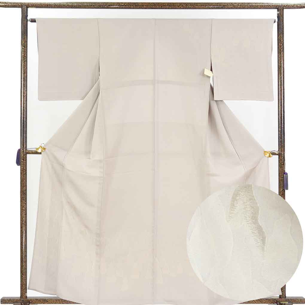 訪問着 リサイクル着物 身丈162cm 裄65cm 前幅24.5cm 後幅30.5cm 袖丈47cm 袖幅33cm レディース 単衣 木立 裄Mサイズ 初夏・初秋用 正絹（シルク）グレー 美品 リメイク リユース【ランクA】