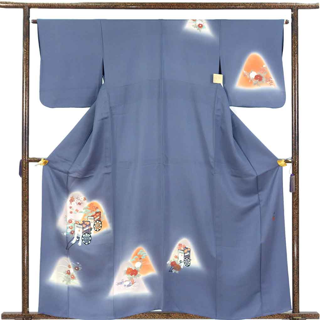 訪問着 リサイクル着物 身丈161cm 裄65cm 前幅25cm 後幅31cm 袖丈49cm 袖幅32.5cm レディース 単衣 御所車 裄Mサイズ 初夏・初秋用 正絹（シルク）ネイビー やや難 リメイク リユース【ランクB】