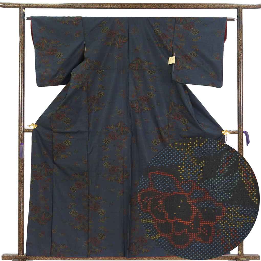 紬 リサイクル着物 身丈162cm 裄63cm 前幅24cm 後幅29cm 袖丈49cm 袖幅32cm レディース 袷 花柄 裄Mサイズ 秋冬春用 正絹（シルク）ネイビー やや難 大島紬 リメイク リユース【ランクB】