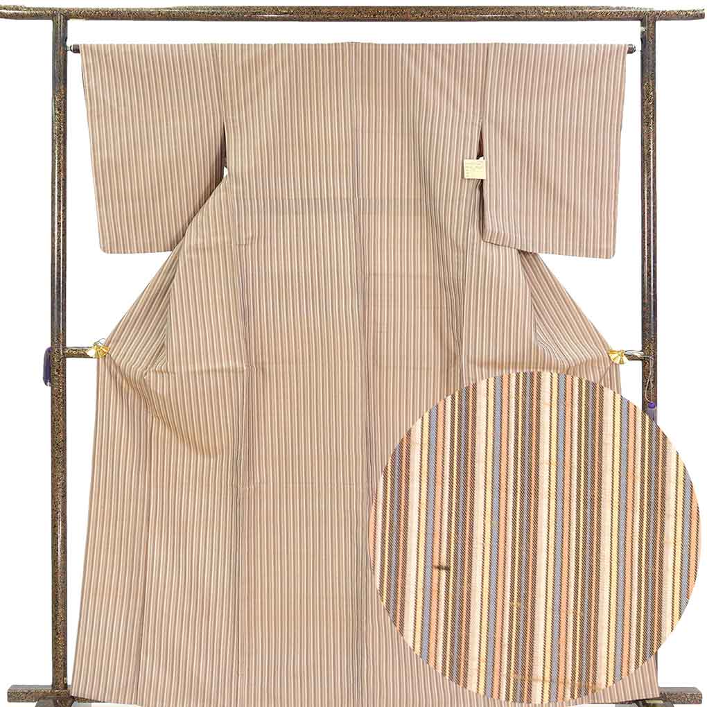 紬 リサイクル着物 身丈165cm 裄65cm 前幅26cm 後幅30.5cm 袖丈53cm 袖幅32cm レディース 単衣 縞 裄Mサイズ 初夏・初秋用 正絹（シルク）ブラウン トールサイズ 美品 リメイク リユース【ランクA】