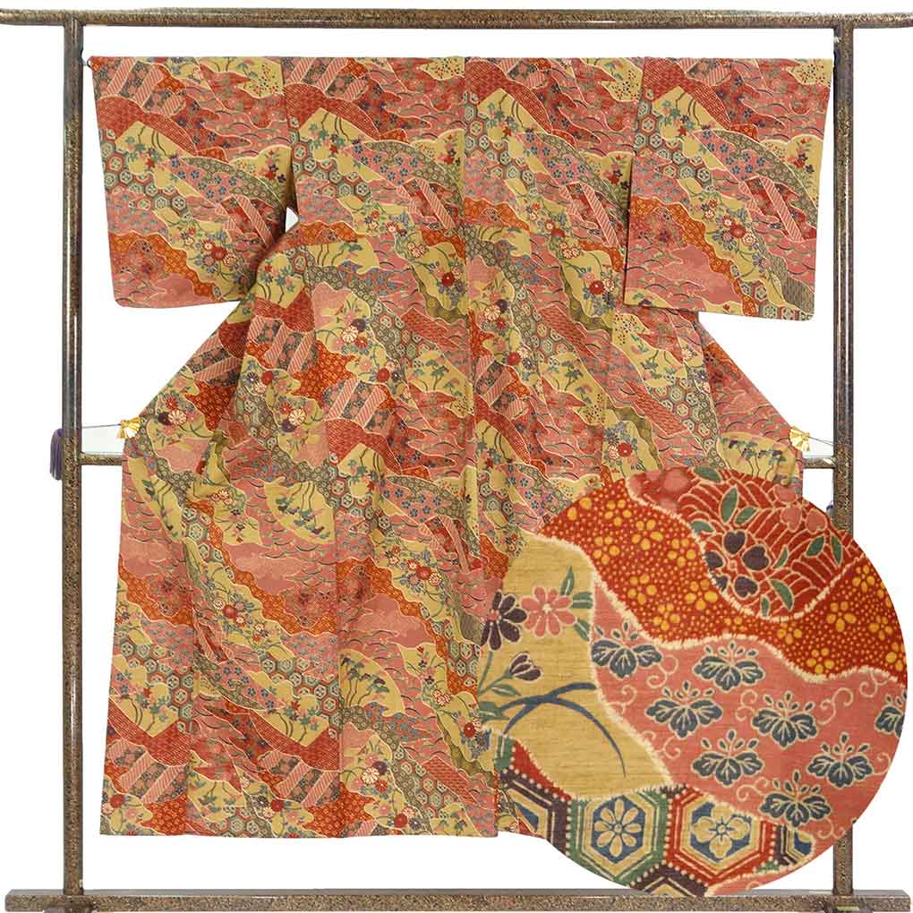 紬 リサイクル着物 身丈150cm 裄68cm 前幅29cm 後幅33cm 袖丈50cm 袖幅34cm レディース 単衣 花柄 裄長 裄Lサイズ 初夏・初秋用 正絹（シルク）レッド 未使用品 結城紬 リメイク リユース【ランクS】
