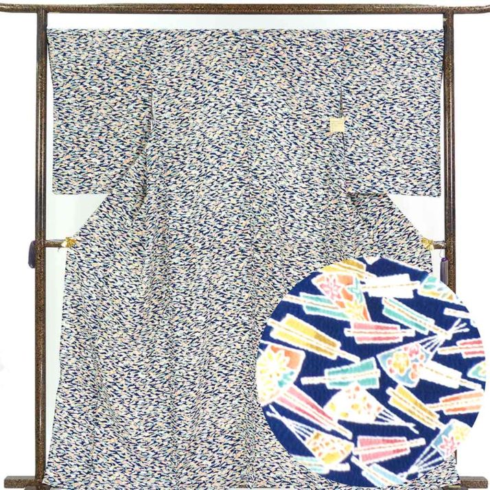 小紋 リサイクル着物 身丈165cm 裄69cm 前幅31cm 後幅33.5cm 袖丈58cm 袖幅34cm レディース 単衣 末広 裄長 裄L-LLサイズ 初夏・初秋用 正絹（シルク）ネイビー トールサイズ 美品 リメイク リユース【ランクA】
