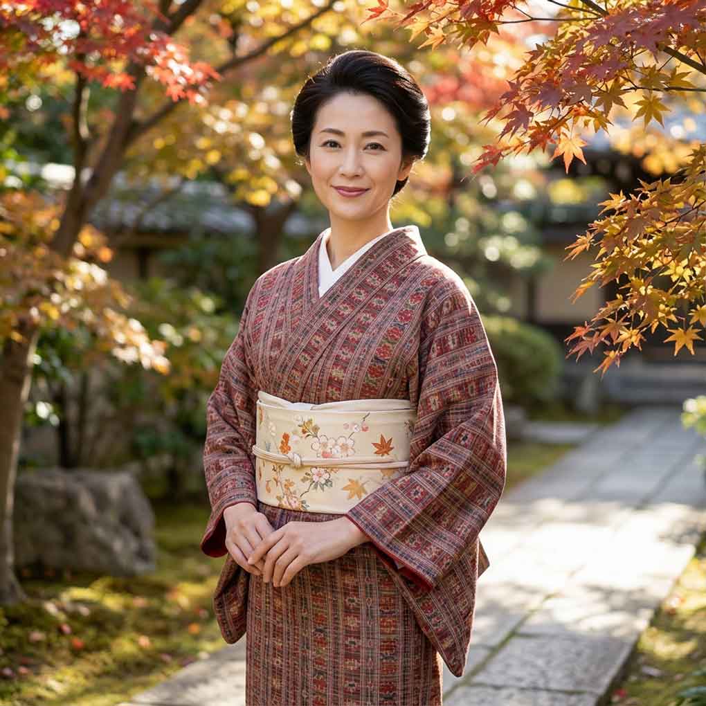 紬 リサイクル着物 身丈155cm 裄62cm 前幅22.5cm 後幅28.5cm 袖丈45cm 袖幅32cm レディース 袷 連続模様 裄Sサイズ 秋冬春用 正絹（シルク）レッド 美品 リメイク リユース【ランクA】