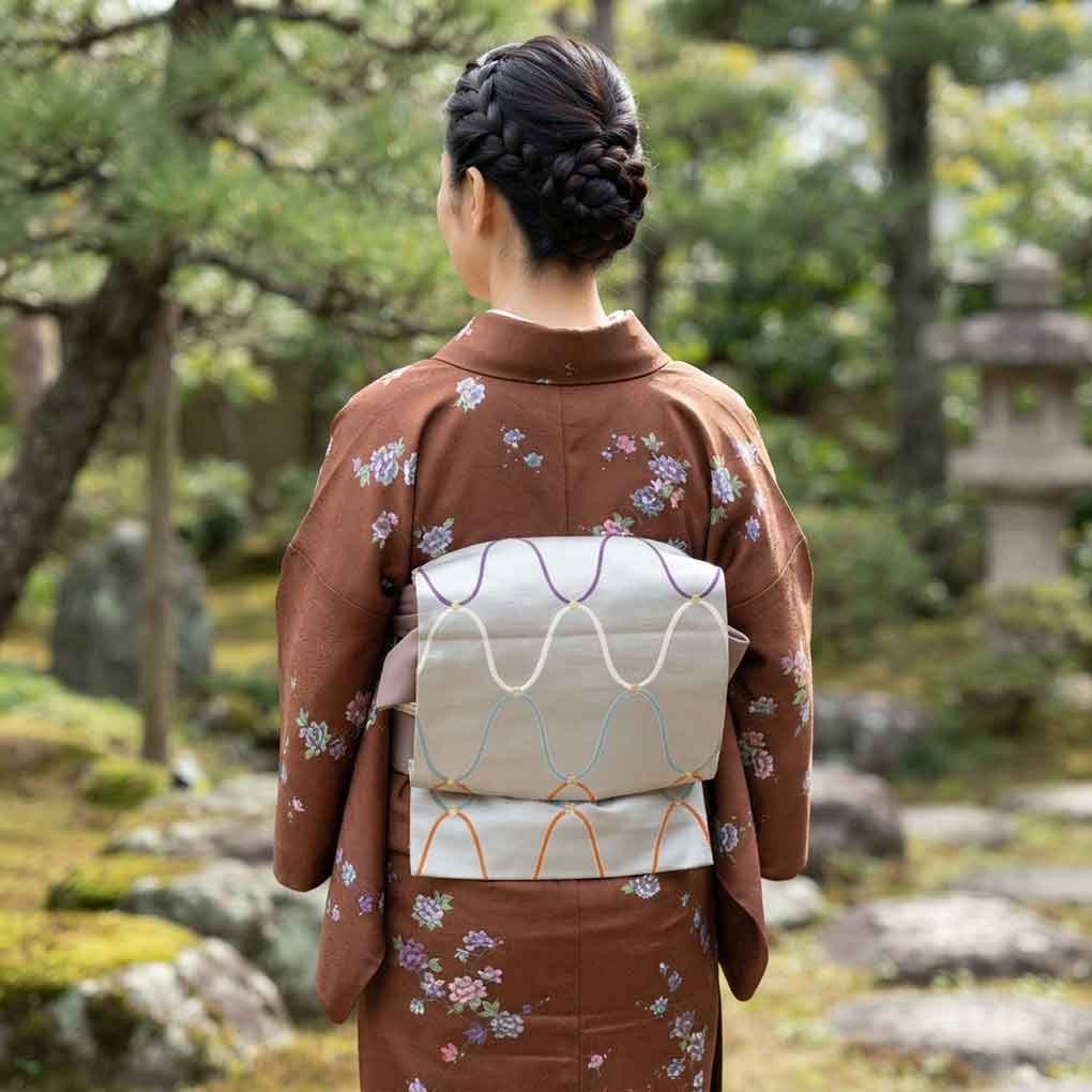 袋帯 リサイクル帯 幅31cm 長さ433cm レディース 網目 秋冬春用 正絹（シルク）シルバー 美品 リメイク リユース【ランクA】