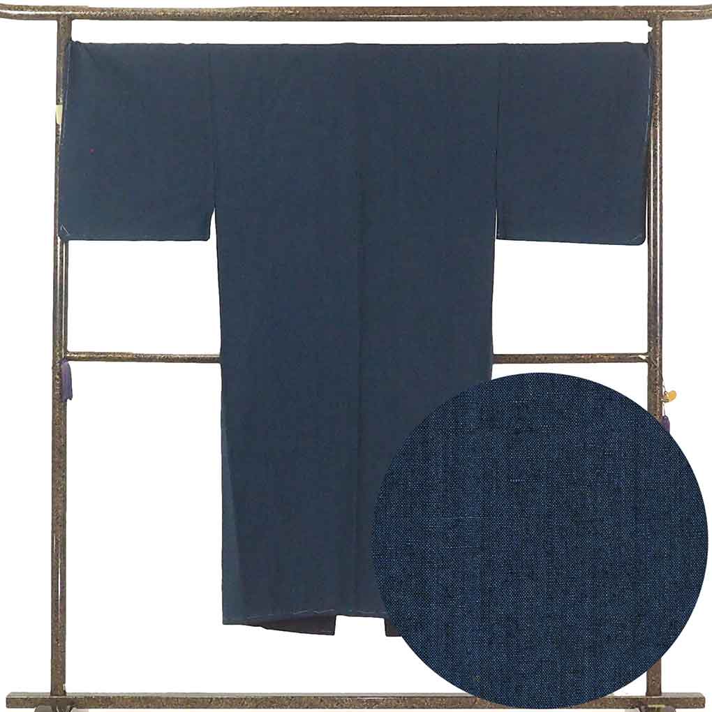 リサイクル 男物アンサンブル 羽織丈85cm 身丈137cm 裄71cm 前幅26cm 後幅30.5cm 袖丈49cm 袖幅37cm メンズ 袷 無地 裄長 裄LLサイズ 秋冬春用 正絹（シルク）紺地 やや難 リサイクル リメイク リユース【ランクB】