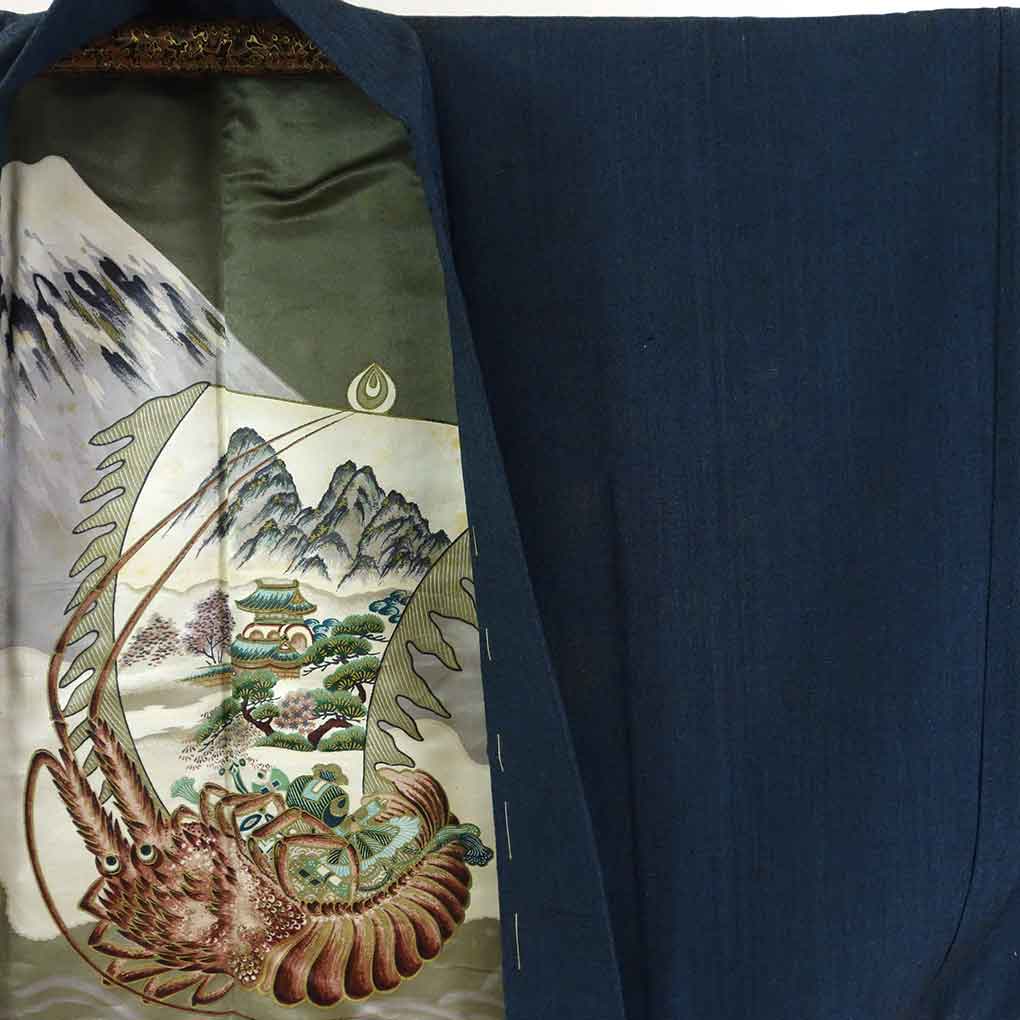 リサイクル 男物アンサンブル 羽織丈85cm 身丈137cm 裄71cm 前幅26cm 後幅30.5cm 袖丈49cm 袖幅37cm メンズ 袷 無地 裄長 裄LLサイズ 秋冬春用 正絹（シルク）紺地 やや難 リサイクル リメイク リユース【ランクB】